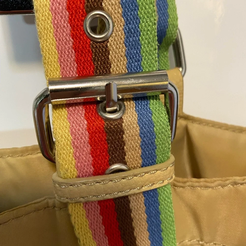 Franco Sarto Tan Bag with Rainbow Straps & festive interior with lots of pockets